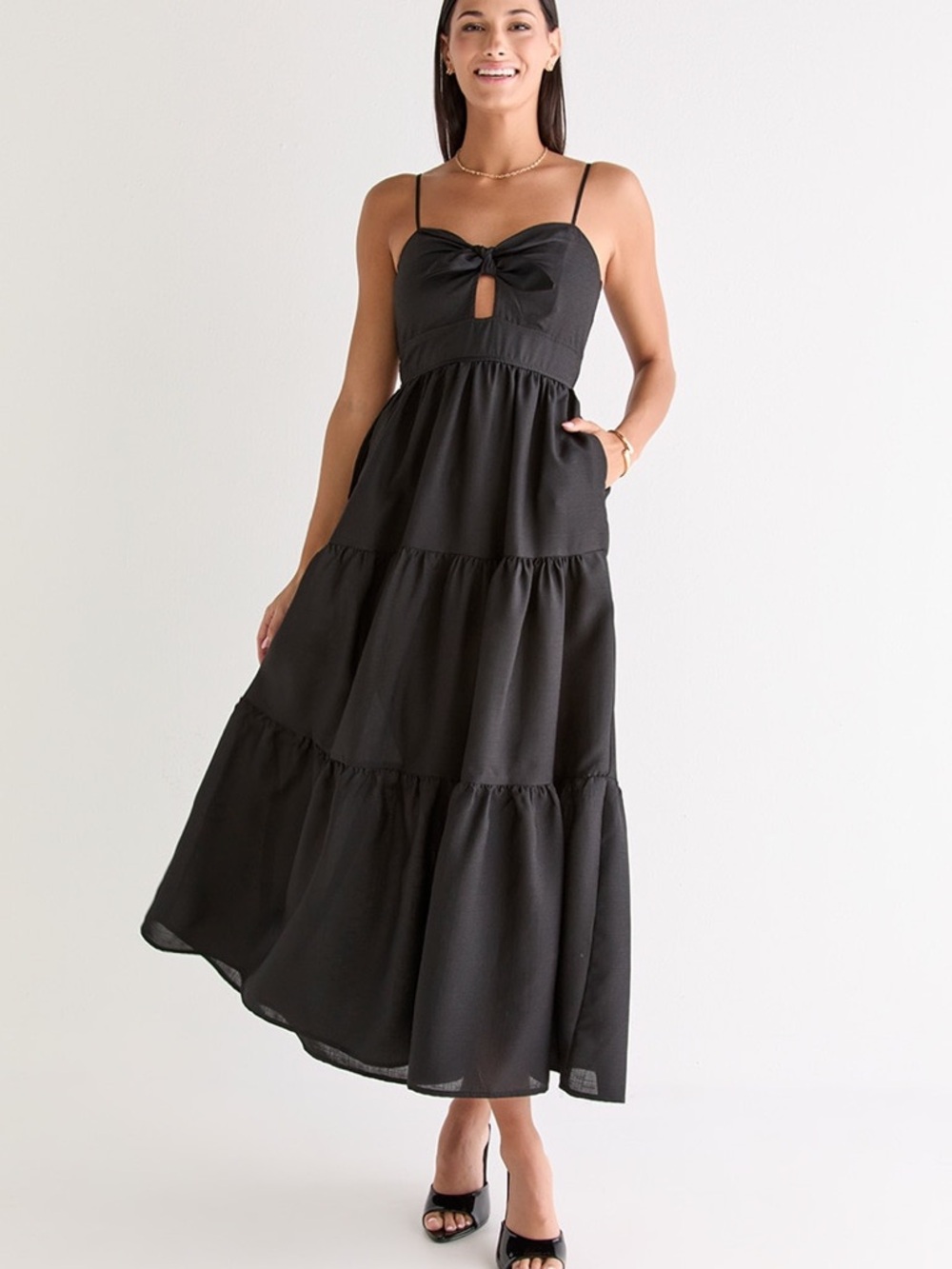 Trixxi Black Tiered Tie-Front Maxi Dress